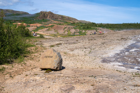 Sign for Geysir, a dormant geyser in Iceland that no longer erupts, along the Golden Circleの写真素材