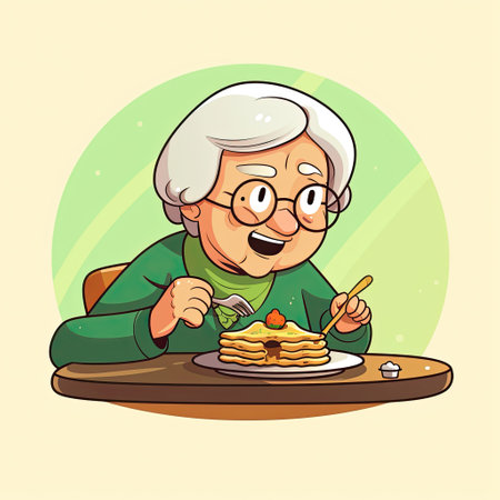 Elderly woman eating pancakes. Vector illustration in cartoon style.の素材