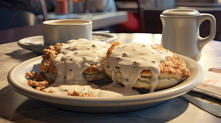 Biscuits and gravy, with coffee on a table at a restaurantの素材