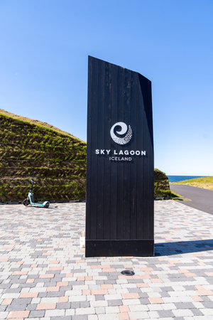 Kopavogur, Iceland - July 11, 2023: Sky Lagoon spa, a geothermal heated pool. Entrance sign