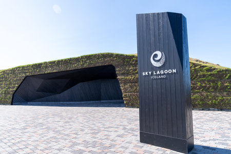 Kopavogur, Iceland - July 11, 2023: Sky Lagoon spa, a geothermal heated pool. Entrance signのeditorial素材