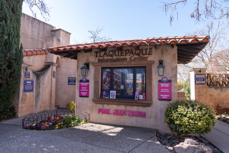 Sedona, Arizona - March 10, 2024: Pink Pink Jeep tours booth and information at Tlaquepaque in Sedona Arizonaのeditorial素材