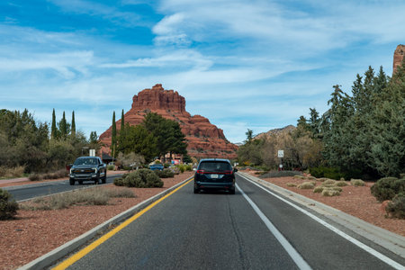 Oak Creek Village, Arizona - December 16, 2023: Road through Oak Creek near Sedona, view amazing...