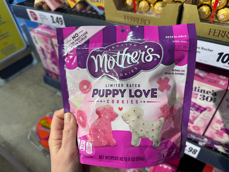 Fairfax, Virginia - February 3, 2024: Mothers brand Valentine's day frosted animal cookies and crackers in dog shape - puppy loveのeditorial素材