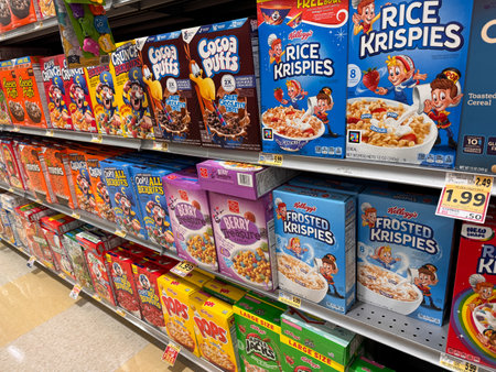Vienna, Virginia - November 13, 2023: Huge selection of various brands of breakfast cereal at a grocery store aisleのeditorial素材