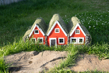 Cute miniature turf houses, in Icelandの写真素材