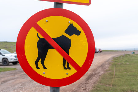 No dogs allowed sign. Taken in Latrabjarg, Icelandの写真素材