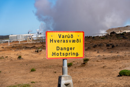 Danger Hot Spring sign at Gunnuhver Hot Spring Icelandの写真素材