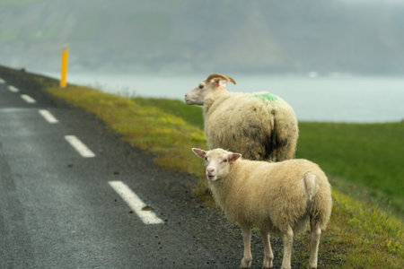 Sheep in the middle of the road in Icelandの写真素材