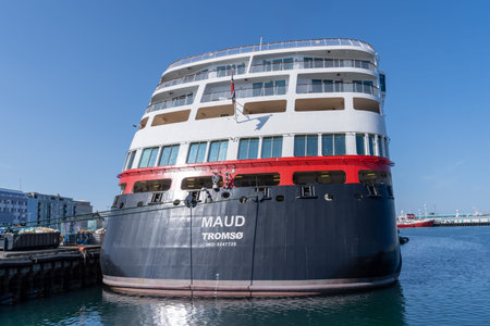 Reykjavik, Iceland - July 10, 2023: Hurtigruten Expeditions cruise ship in port in downtown Reykjavikのeditorial素材