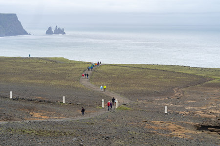 Dyrholaey, Iceland - July 8, 2023: Tourists explore the walking paths along the Dyrholaey coastal nature area near Vikのeditorial素材