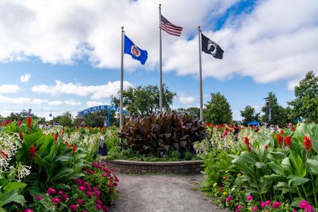 Falcon Heights, Minnesota - August 26, 2023: West entrance with a beautiful garden at the Minnesota...