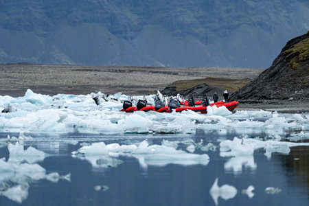 jokulsarlon, Iceland - July 7, 2023: Rib boats ready for tourists, to explore the glacier lagoonのeditorial素材