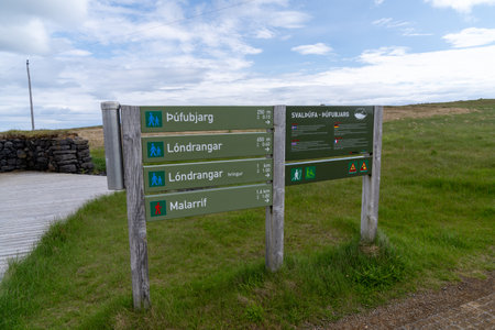 Londrangar, Iceland - July 1, 2023: Hiking trails and direction signs with distance and time needed to various points along the coastlineのeditorial素材