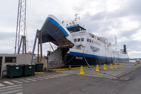 Stykkisholmur, Iceland - July 1, 2023: View of the Ferry Baldur Seatours from Sugandisey Island