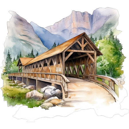 Watercolor wooden bridge in the mountains. Watercolor hand drawn illustrationの素材