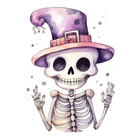 Watercolor illustration of a skeleton in a hat with a magic wandの素材