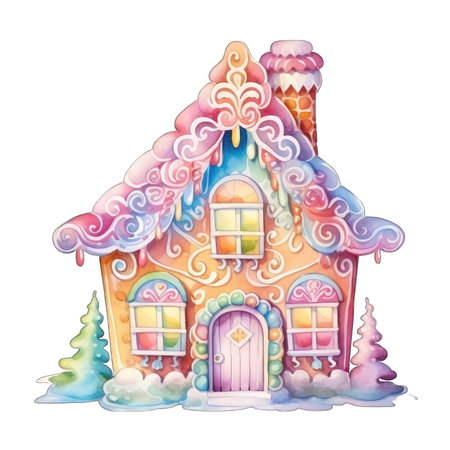 Christmas gingerbread house with snow. Watercolor hand drawn illustration.の素材