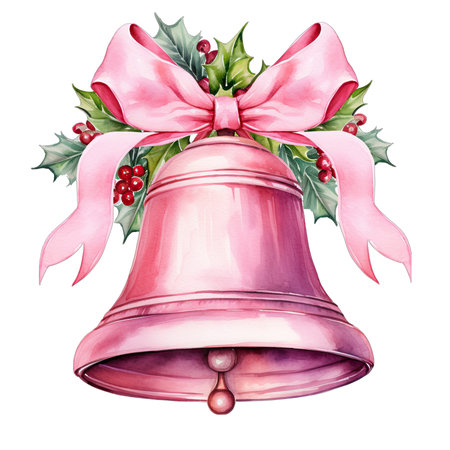 Christmas bell with bow and holly berry. Watercolor illustrationの素材