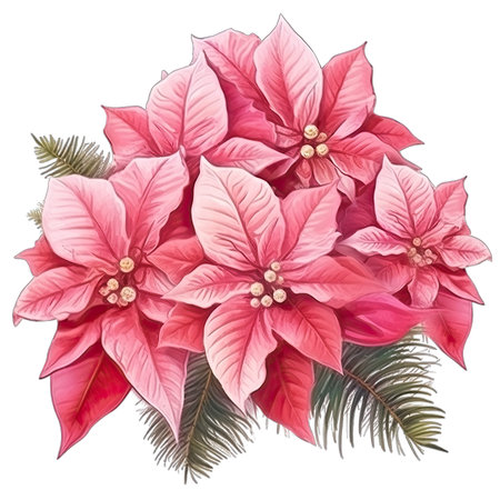 Pink poinsettia bouquet isolated on white background. Hand drawn watercolor illustration.の素材