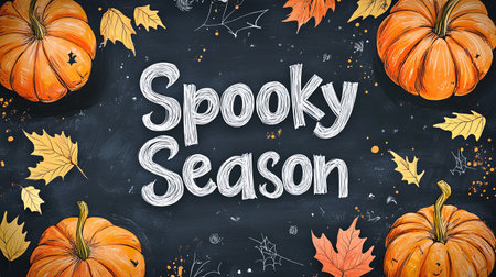 Halloween chalkboard background with pumpkins and autumn leaves. Vector illustration.の素材
