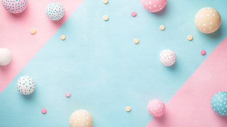 Colorful pastel easter eggs on pastel blue and pink backgroundの素材