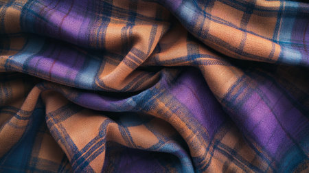 Texture, background, pattern. The fabric is purple, blue, yellow and white. Scottish tartan is a weave that usually has a thin, crimped appearance and a dull back,の素材
