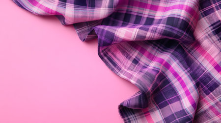 Purple checkered tablecloth on pink background, top viewの素材
