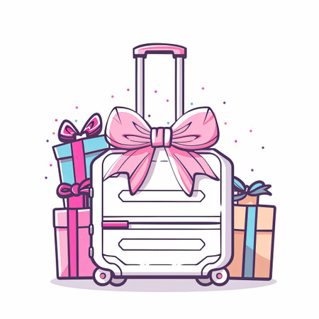 Vector illustration of a suitcase with a pink bow, gifts and ribbons.の素材
