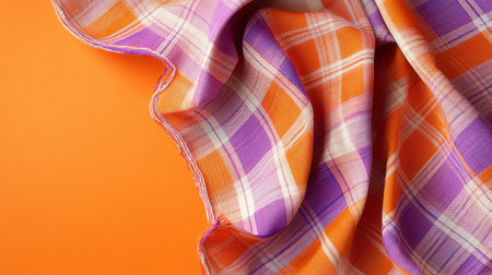 Colorful checkered tablecloth on orange background. Top view.の素材