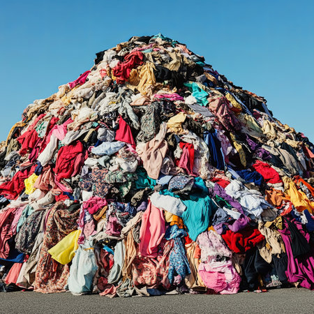 Pile of colorful clothes in a huge pile against the blue skyの素材