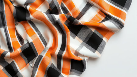 Orange and black checkered fabric on white background, top viewの素材