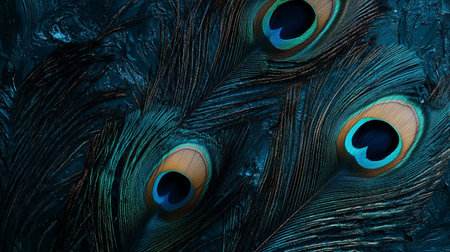 Peacock feathers close-up. Blue background with peacock feathers.の素材