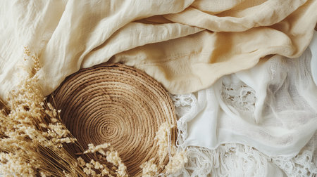 Wicker straw hat and dried flowers on white background. Flat lay.の素材