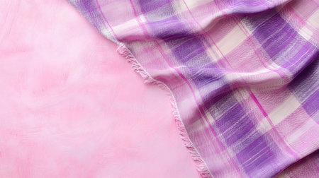 Purple checkered tablecloth on pink background, top viewの素材