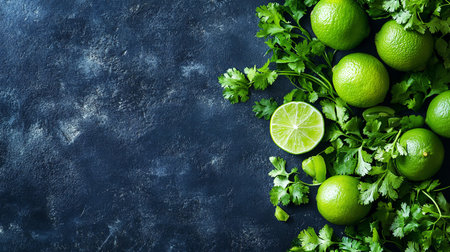 Fresh green limes and parsley on dark background. Top view with copy spaceの素材