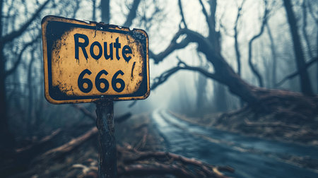 Route 66 road sign in the misty forest. Filtered image processed vintage effect.の素材