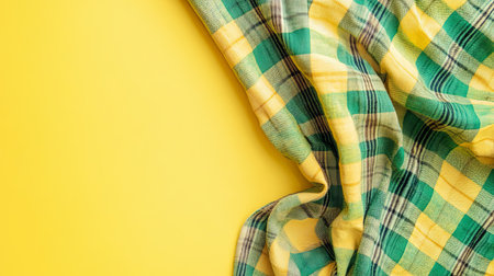 Top view of checkered tablecloth on yellow background with copy spaceの素材