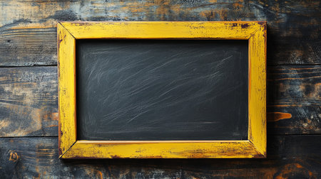 Old blackboard with wooden frame on rustic wooden background, top viewの素材