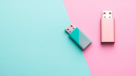 USB flash drive on pink blue pastel background. Minimal style.の素材