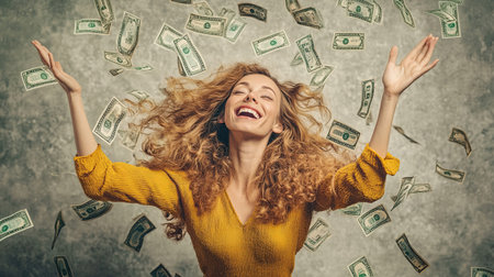 Happy young woman with long wavy hair throwing money in the airの素材