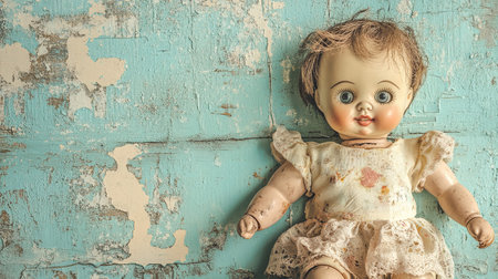 Vintage baby doll on blue wooden background, retro toned imageの素材