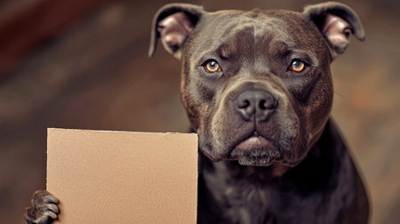 Close up portrait of a staffordshire bull terrier puppy with blank cardの素材