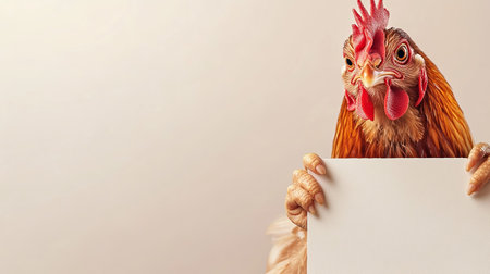 rooster peeking out from behind a blank board with copy spaceの素材