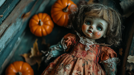 Halloween background with a doll and pumpkins. Selective focus.の素材