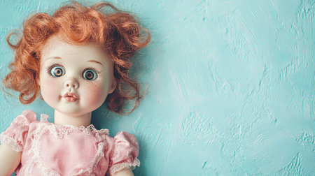 Vintage doll with red hair and blue eyes on blue background.の素材