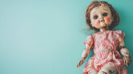 Scary doll with halloween makeup on turquoise backgroundの素材