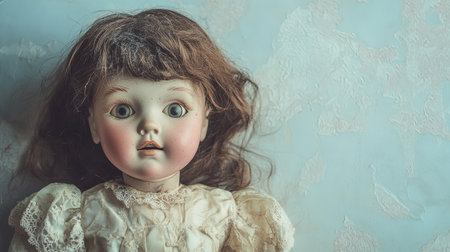 Vintage doll with long hair and blue eyes on a vintage backgroundの素材