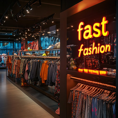 Fashion showroom with colorful clothes on hangers in shopping mallの素材
