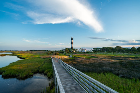 Bodie Island Lighthouse at sunset, Outer Banks, North Carolinaの写真素材